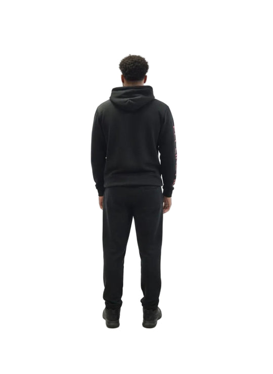 Person wearing a black hoodie and pants on a white background