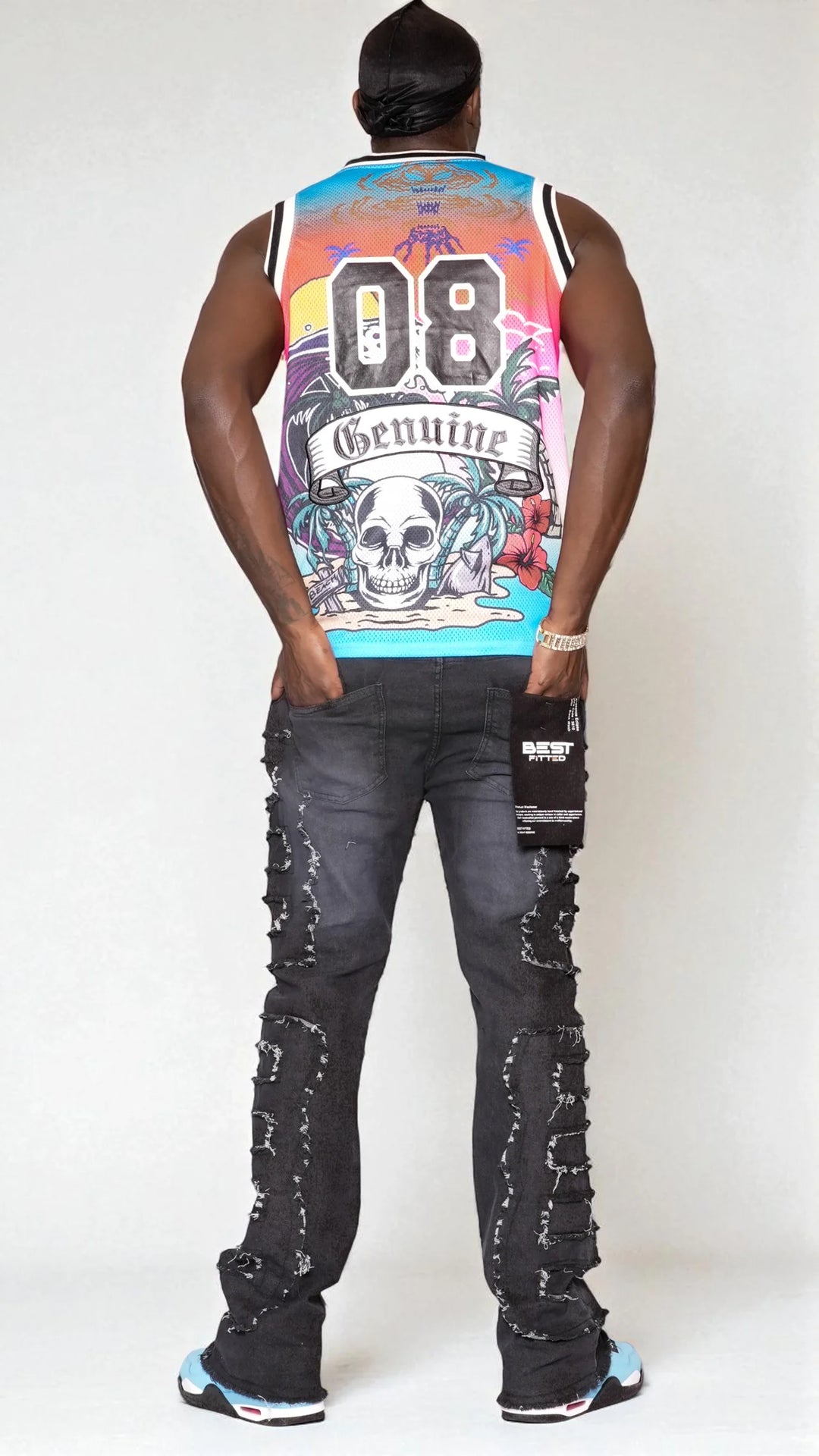 Rugged Urban Distressed Jeans - Best Fitted Black Stack with Fringe Cuts