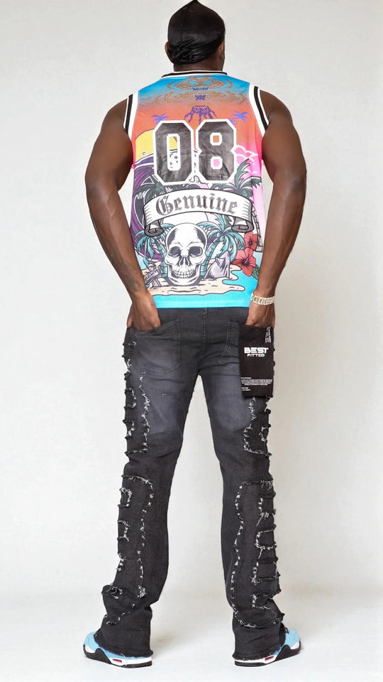 Rugged Urban Distressed Jeans - Best Fitted Black Stack with Fringe Cuts