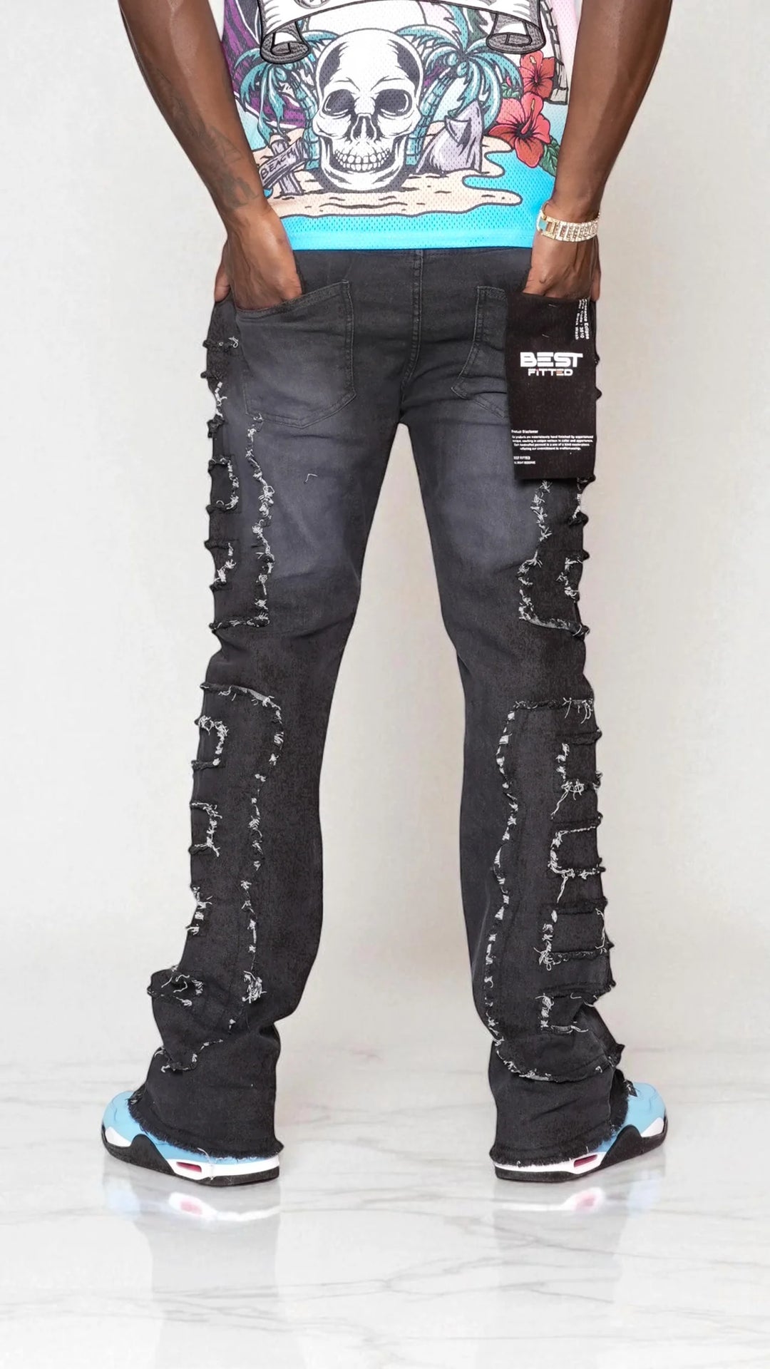 Rugged Urban Distressed Jeans - Best Fitted Black Stack with Fringe Cuts