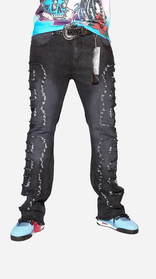 Rugged Urban Distressed Jeans - Best Fitted Black Stack with Fringe Cuts