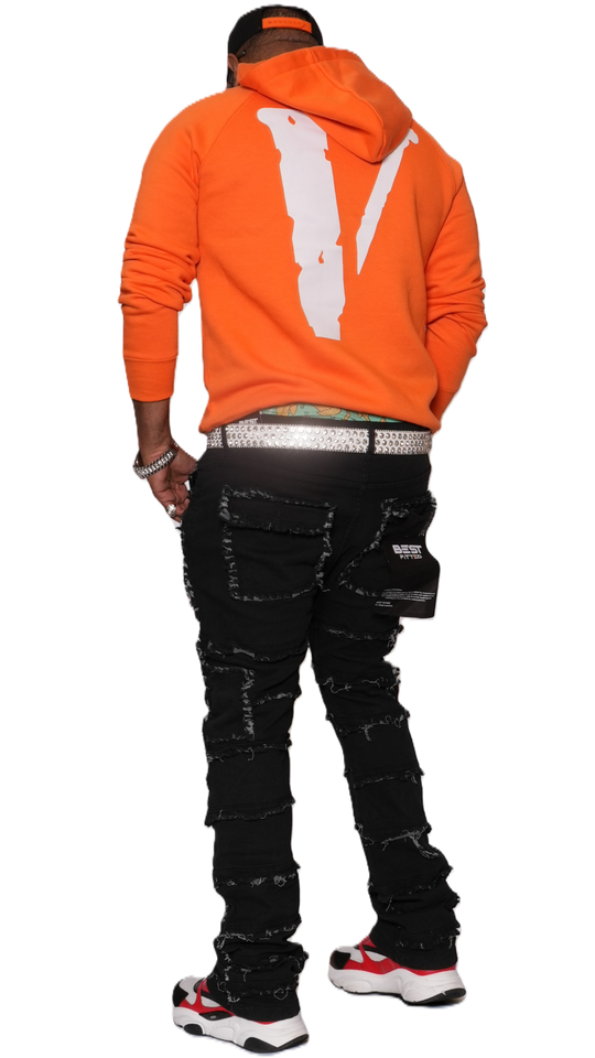 Statement Layered Distressed Jeans - Best Fitted Black Stack with Fringe Detail