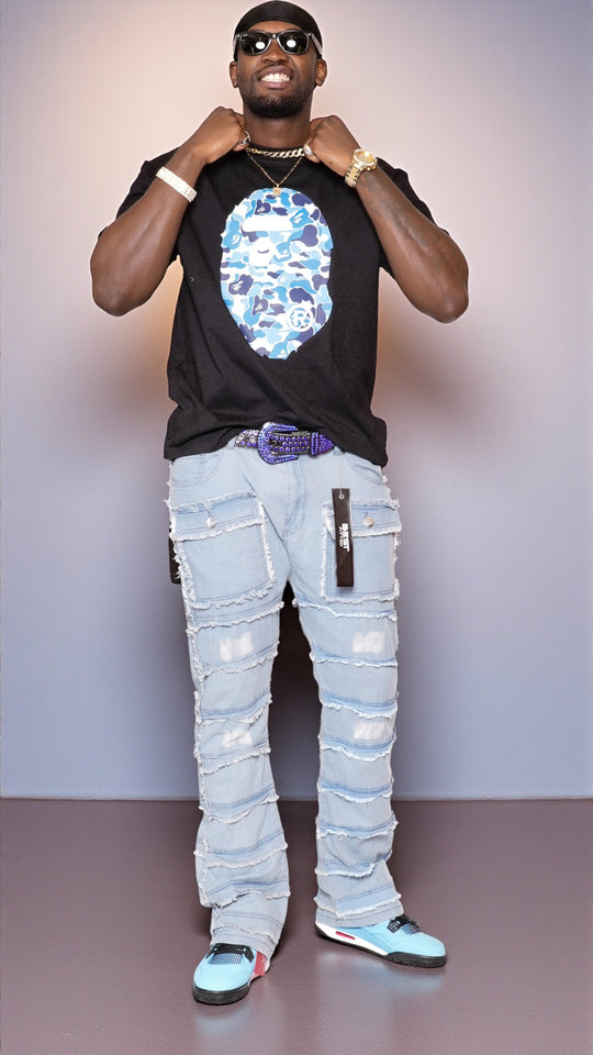 Statement Layered Distressed Jeans - Best Fitted Blue Stack with Fringe Detail