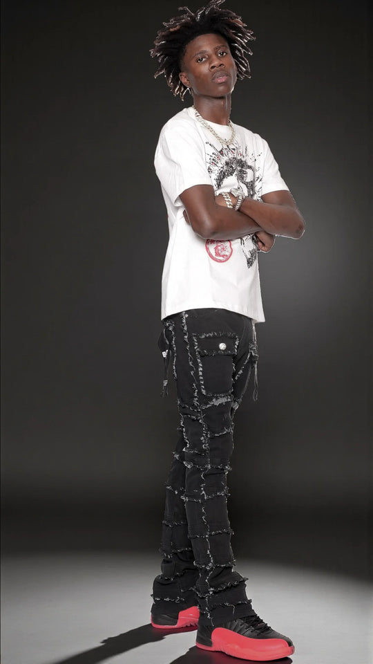 Statement Layered Distressed Jeans - Best Fitted Black Stack with Fringe Detail