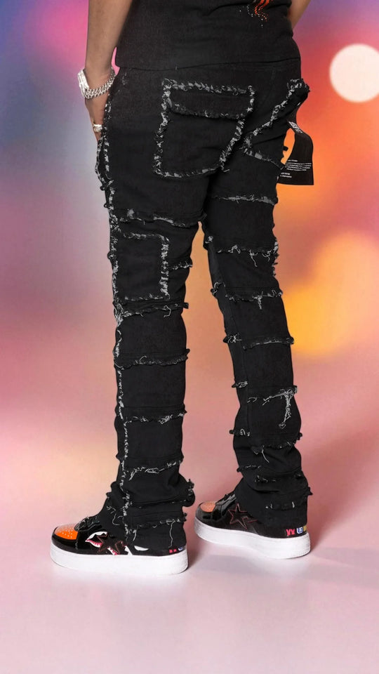 Statement Layered Distressed Jeans - Best Fitted Black Stack with Fringe Detail