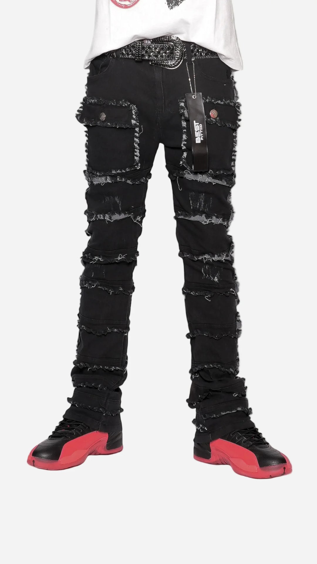 Statement Layered Distressed Jeans - Best Fitted Black Stack with Fringe Detail