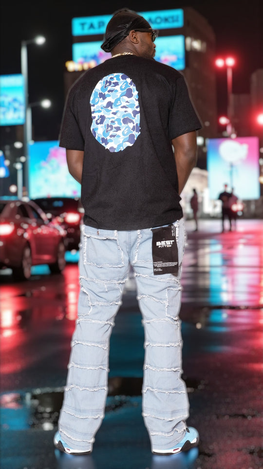 Statement Layered Distressed Jeans - Best Fitted Blue Stack with Fringe Detail