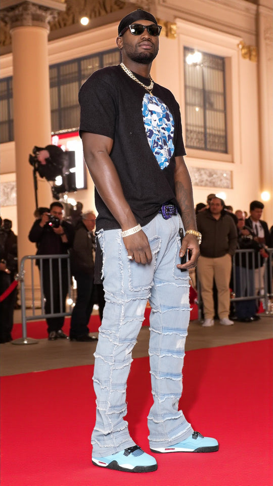 Statement Layered Distressed Jeans - Best Fitted Blue Stack with Fringe Detail