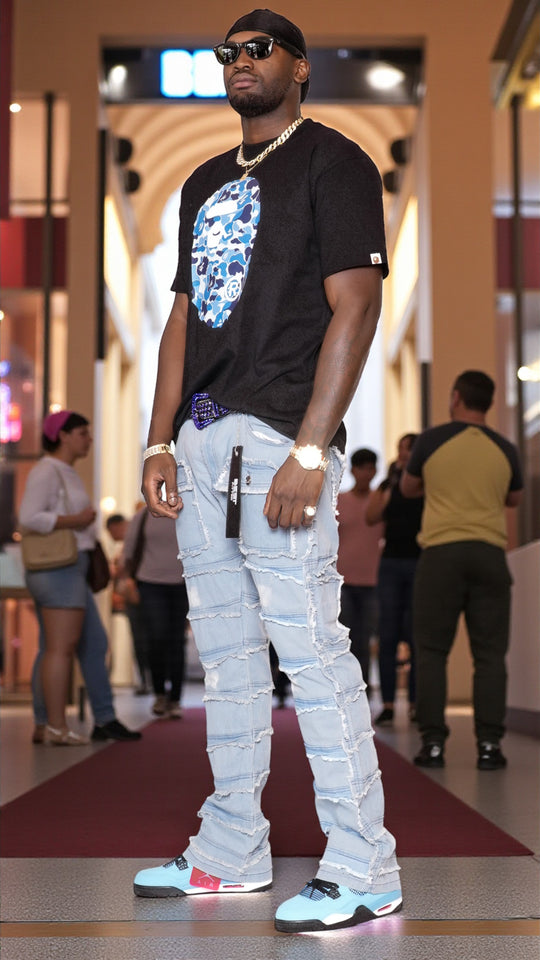 Statement Layered Distressed Jeans - Best Fitted Blue Stack with Fringe Detail