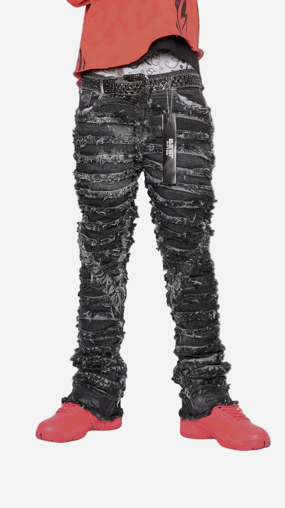 Extreme Ripped Stack Jeans - Best Fitted Black Fringe Layered Denim