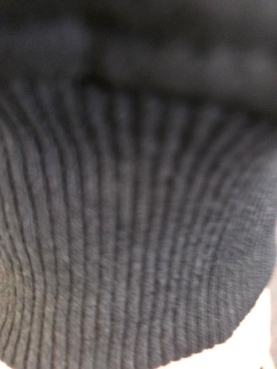 Close-up of a textured gray sock with a blurred background