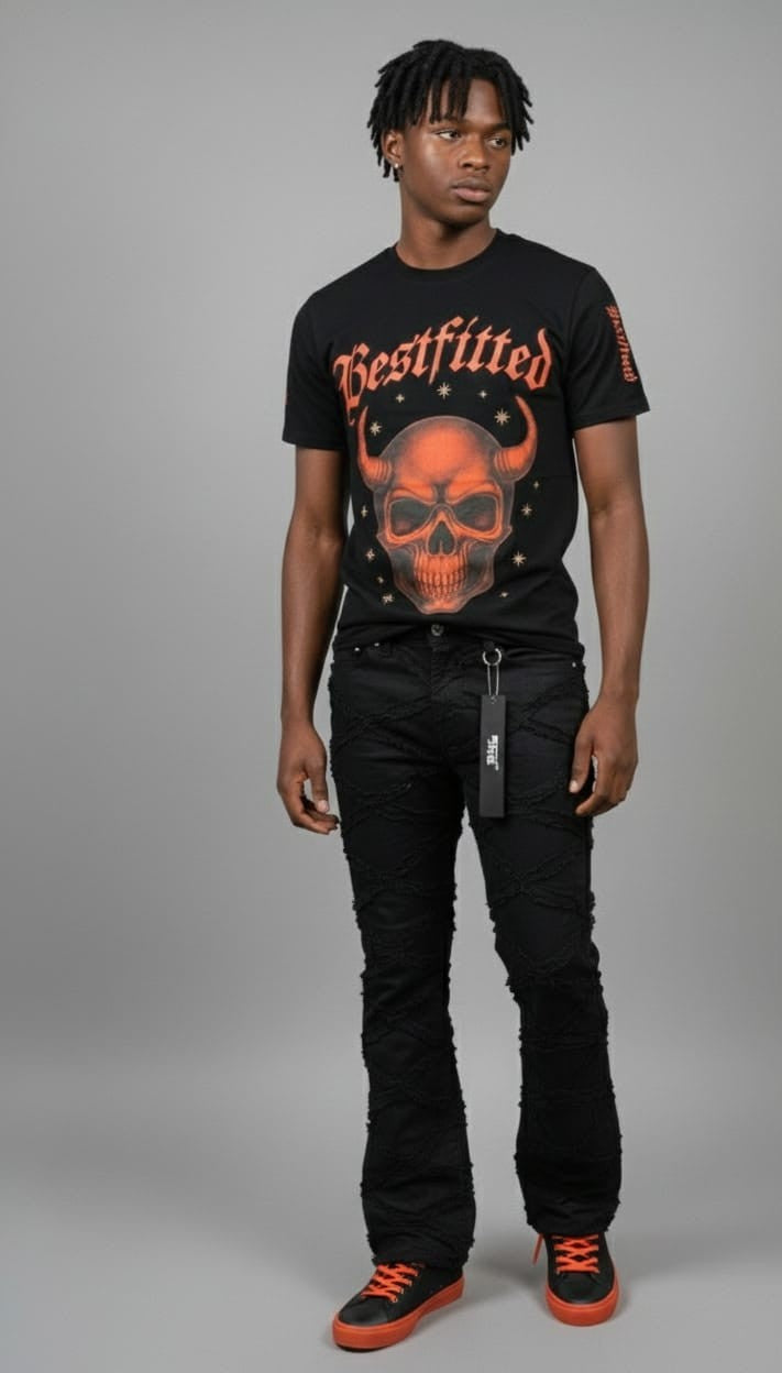 Men's Gothic Streetwear T-Shirt - Bestfitted Orange Skull Graphic & Sleeve Print