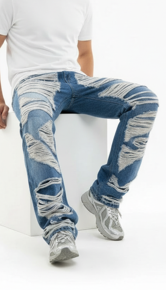 Person wearing blue distressed jeans and gray sneakers on a white background