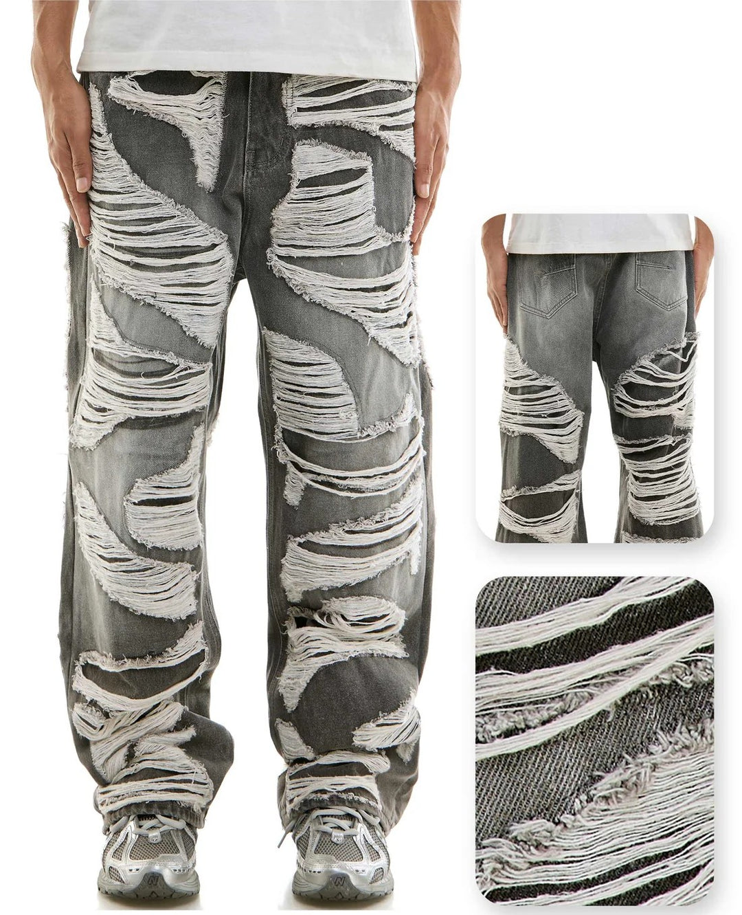 Person wearing a pair of gray and white patterned pants with close-up insets showing texture details.