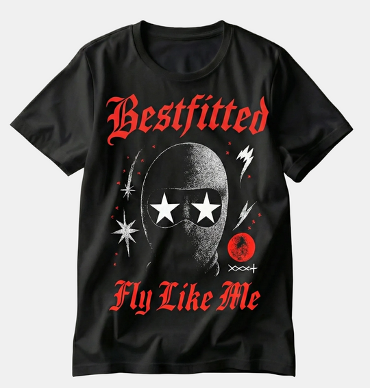 Black t-shirt with graphic design and text 'Bestfitted Fly Like Me' on a white background