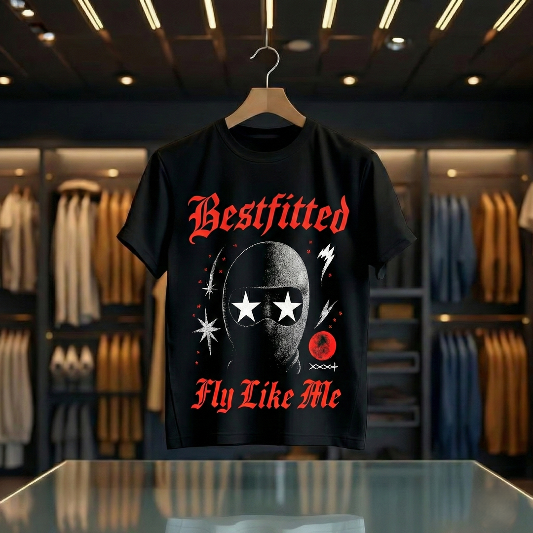 Bestfitted "Fly Like Me" Graphic T-Shirt | Black Urban Streetwear Tee with Gothic Lettering & Ski Mask Design
