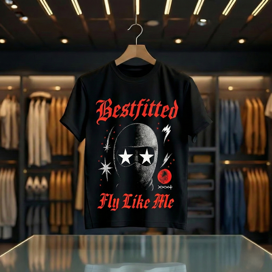 Bestfitted "Fly Like Me" Graphic T-Shirt | Black Urban Streetwear Tee with Gothic Lettering & Ski Mask Design