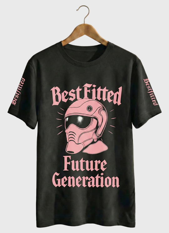 Black t-shirt with pink graphic and text on a hanger against a white background