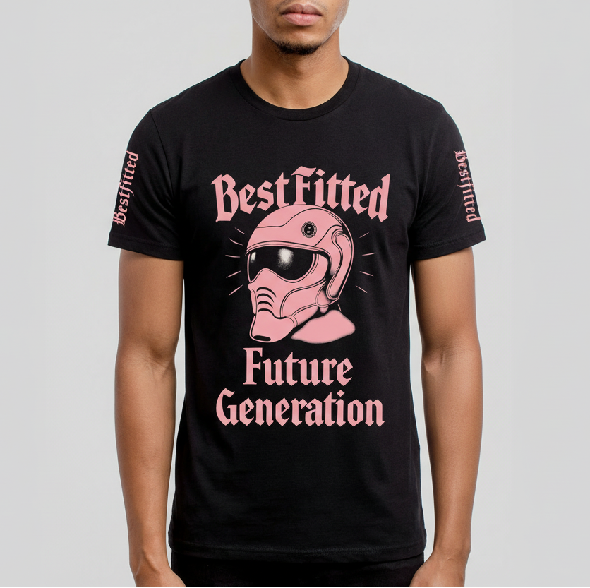Black t-shirt with pink graphic and text on a plain background