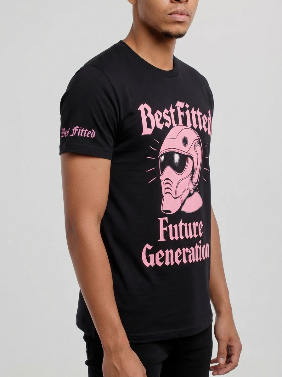 Person wearing a black t-shirt with pink graphics and text on a plain background