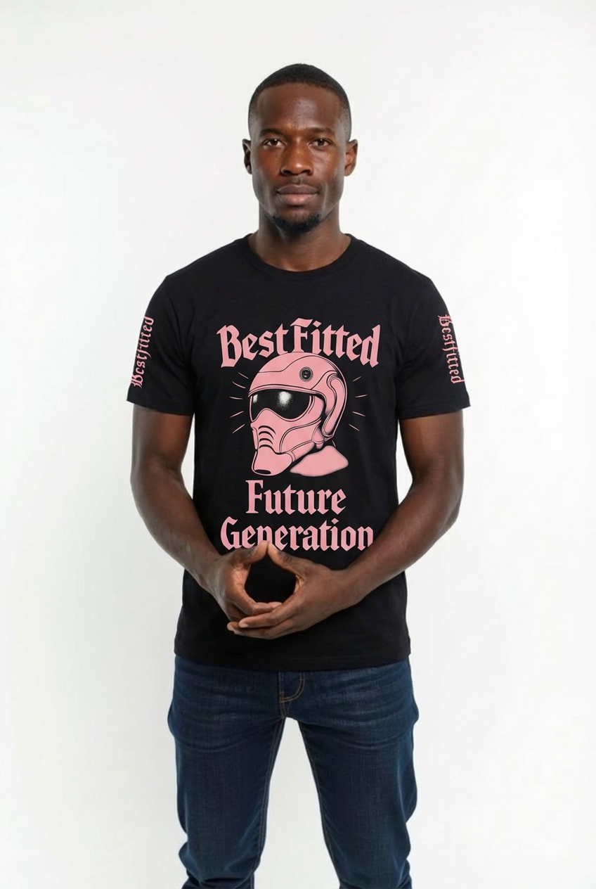 Man wearing a black t-shirt with pink graphic design and text on a white background