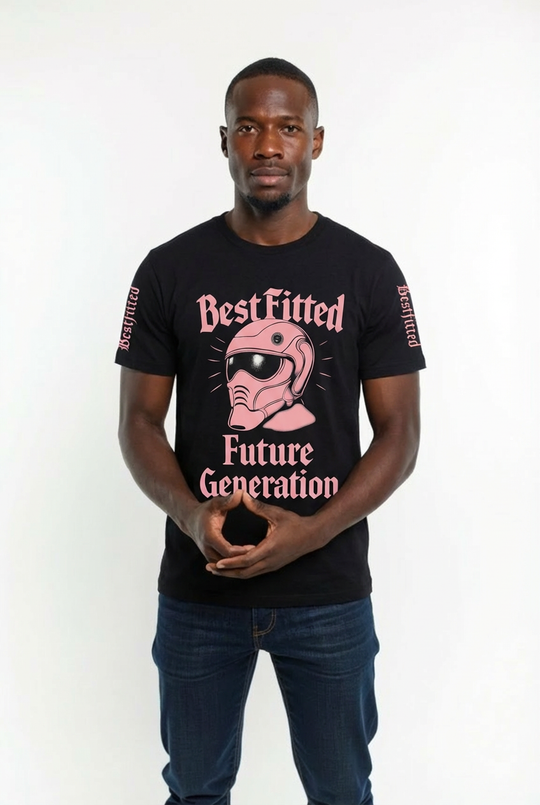 Man wearing a black t-shirt with pink graphic design and text on a white background