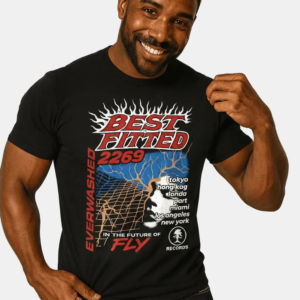 Man wearing a black t-shirt with graphic design and text
