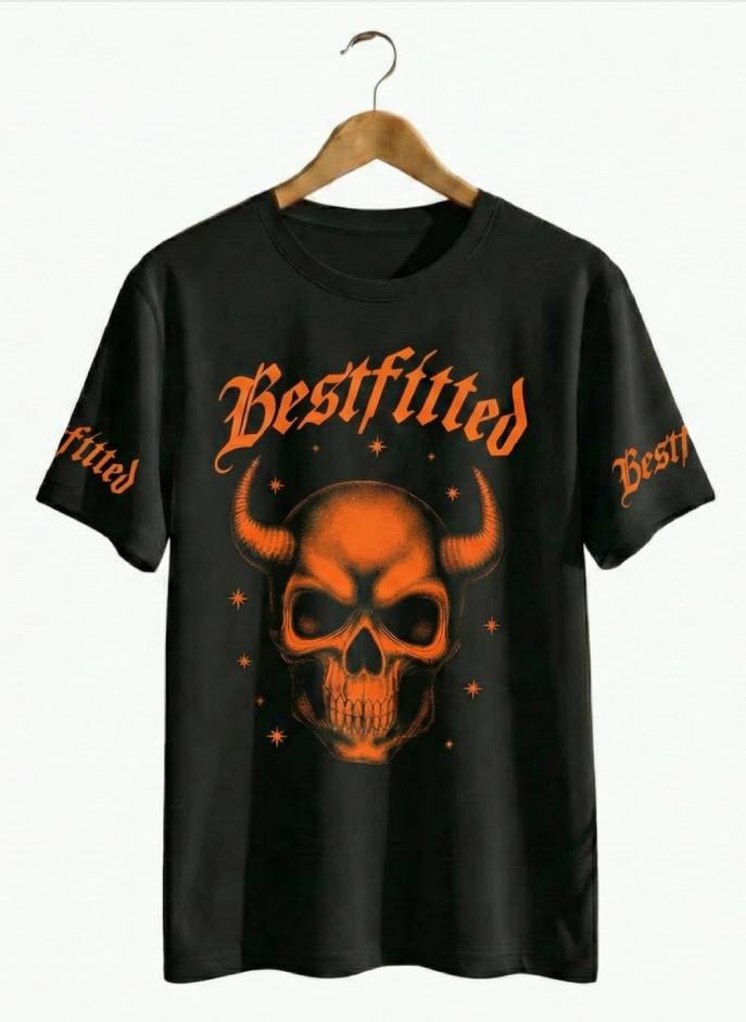 Men's Gothic Streetwear T-Shirt - Bestfitted Orange Skull Graphic & Sleeve Print