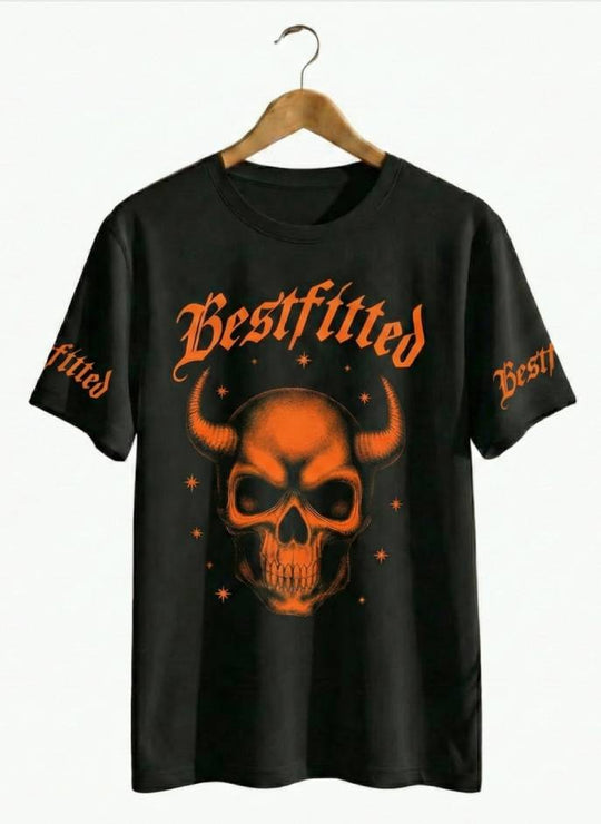 Men's Gothic Streetwear T-Shirt - Bestfitted Orange Skull Graphic & Sleeve Print
