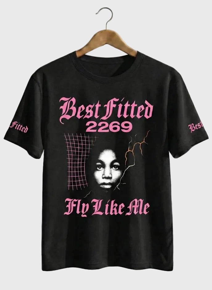 Black t-shirt with graphic design and text on a hanger against a white background