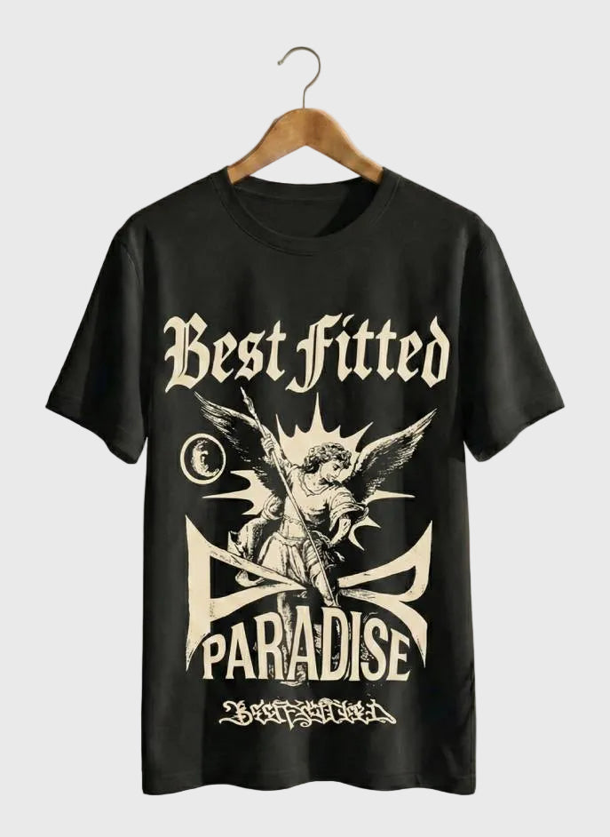 Black t-shirt with graphic design and text on a hanger against a white background