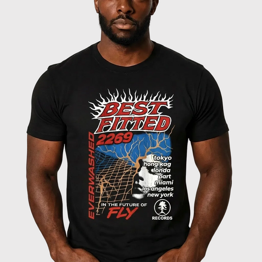 Man wearing a black t-shirt with 'Best Fitted' graphic design