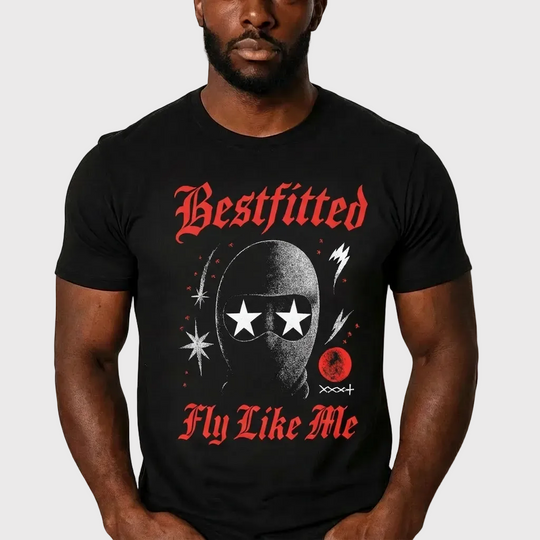 Man wearing a black t-shirt with 'Bestfitted' and 'Fly Like Me' design