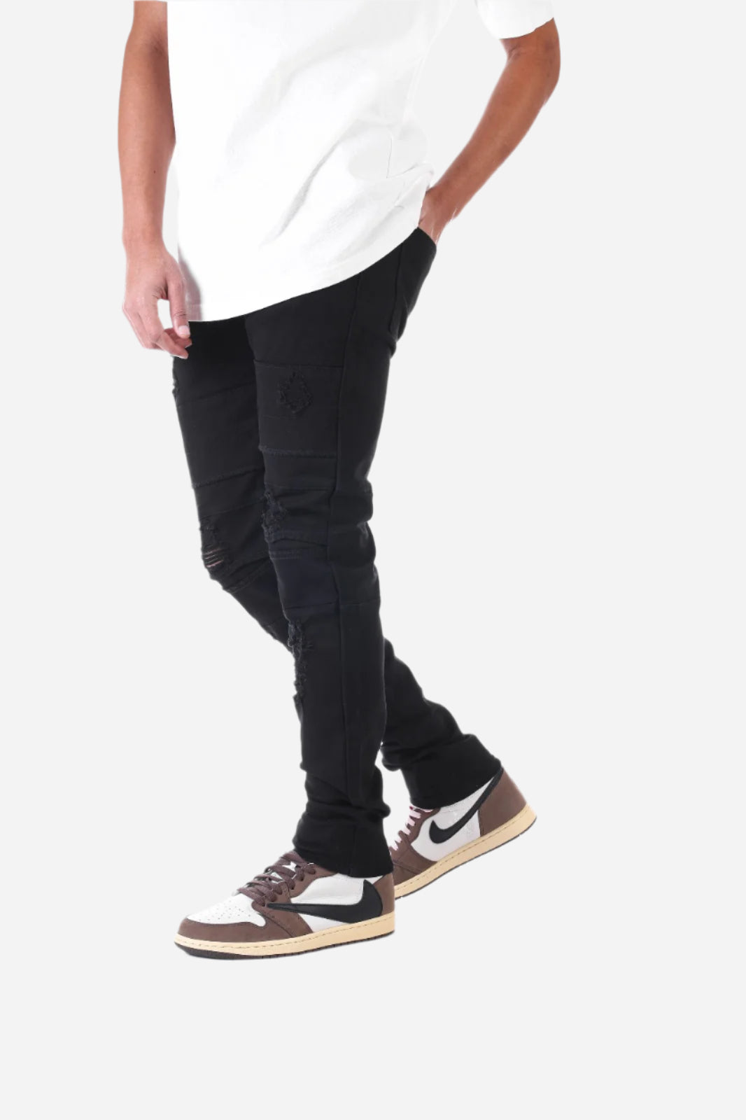 Black Destroyed Pant with Panel - Skinny Fit