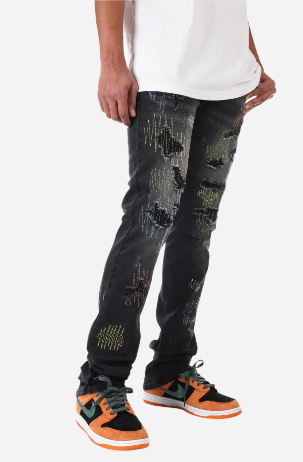 Black Multi-Stitching Jeans - Stacked Fit