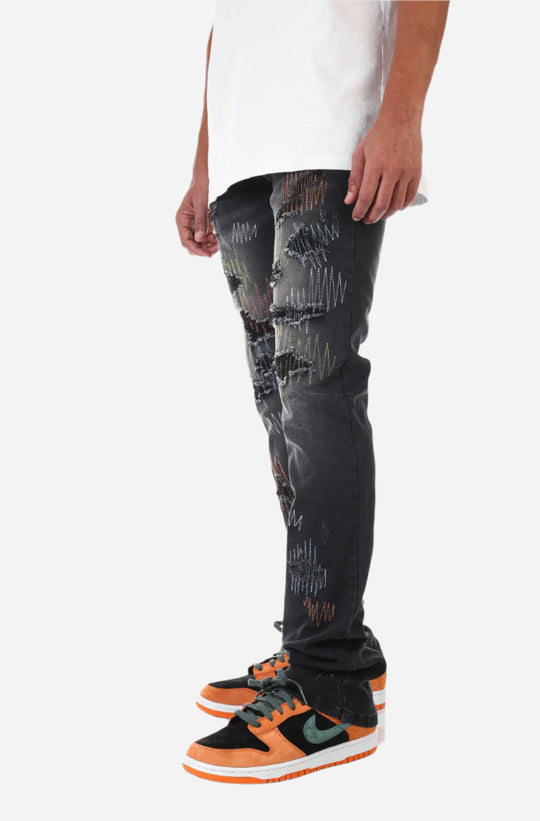 Black Multi-Stitching Jeans - Stacked Fit