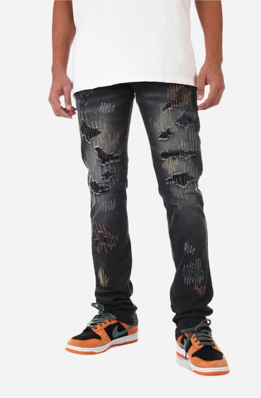 Black Multi-Stitching Jeans - Stacked Fit