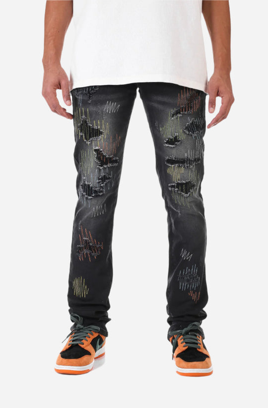 Black Multi-Stitching Jeans - Stacked Fit