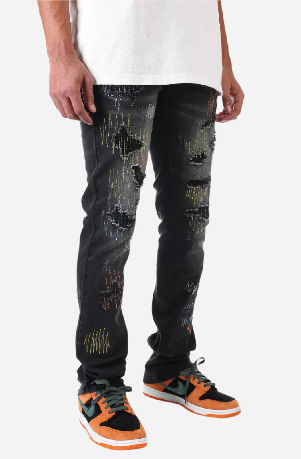 Black Multi-Stitching Jeans - Stacked Fit