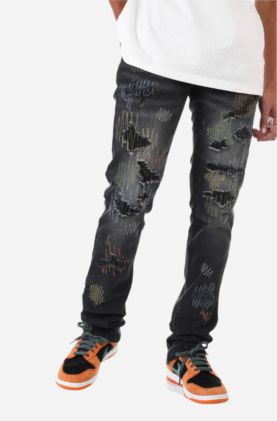 Black Multi-Stitching Jeans - Stacked Fit