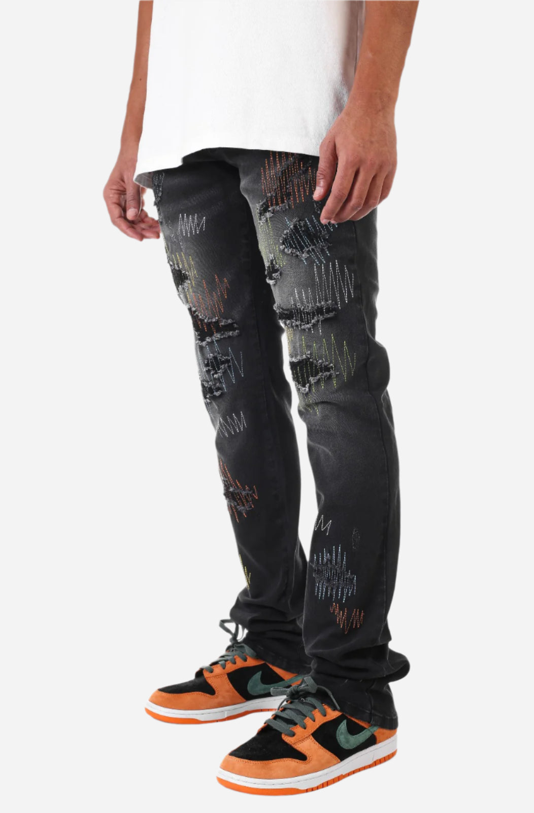 Black Multi-Stitching Jeans - Stacked Fit