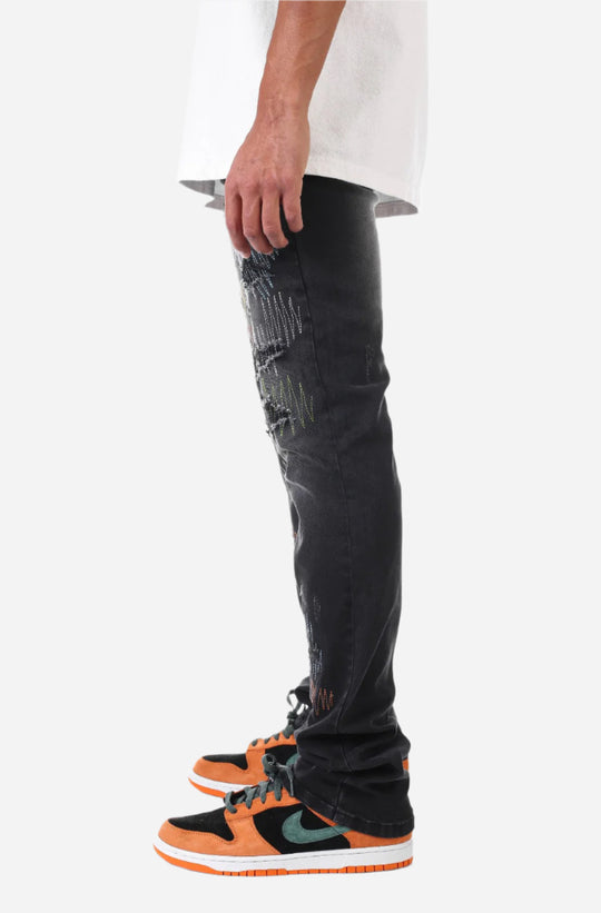 Black Multi-Stitching Jeans - Stacked Fit