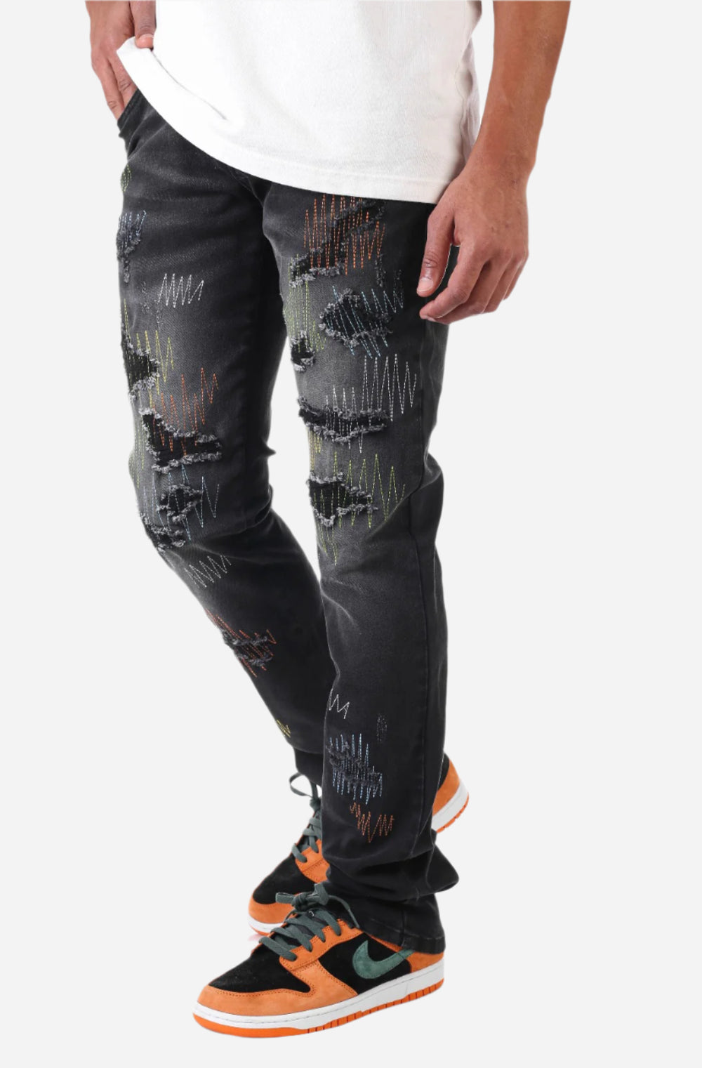 Black Multi-Stitching Jeans - Stacked Fit