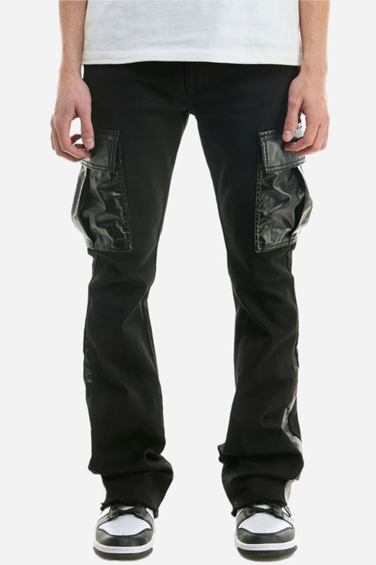 Black PU Combo Skinny Flare Cargo Pants - Stacked Flare Fit