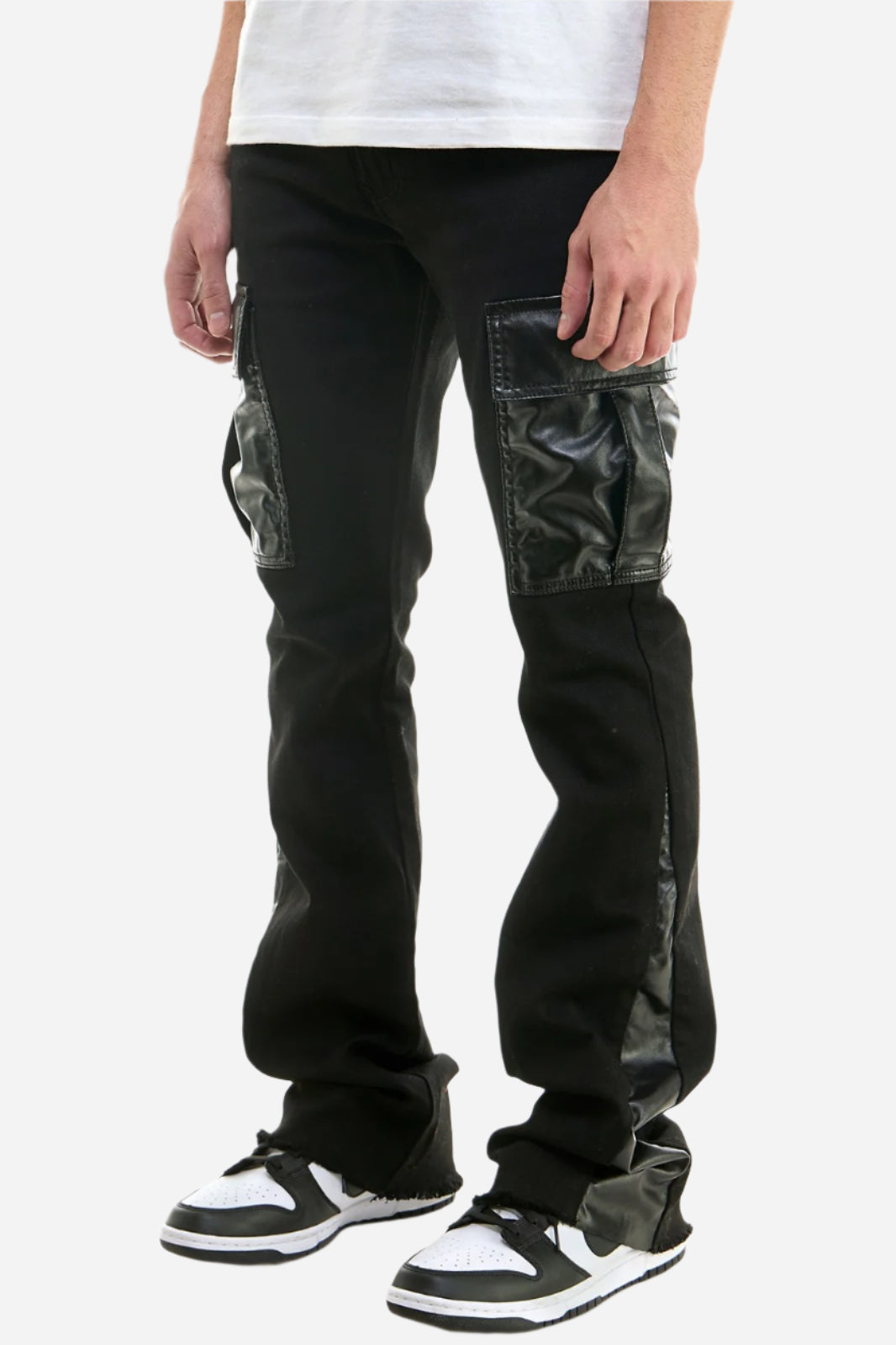 Black PU Combo Skinny Flare Cargo Pants - Stacked Flare Fit
