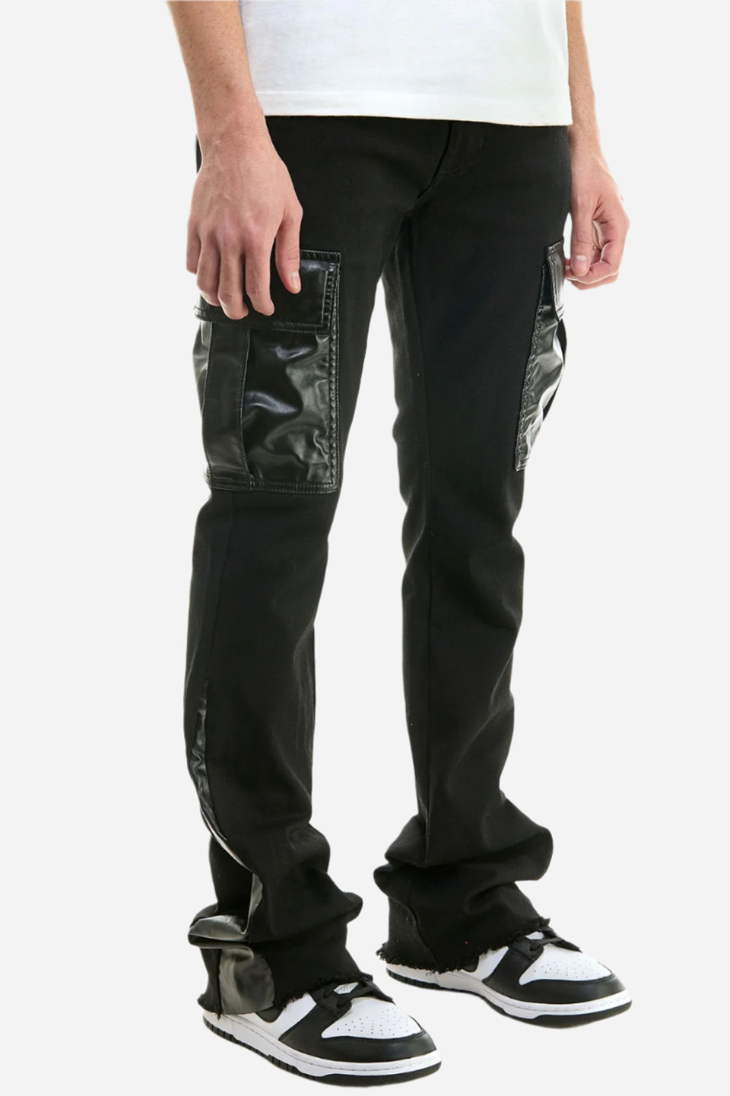 Black PU Combo Skinny Flare Cargo Pants - Stacked Flare Fit