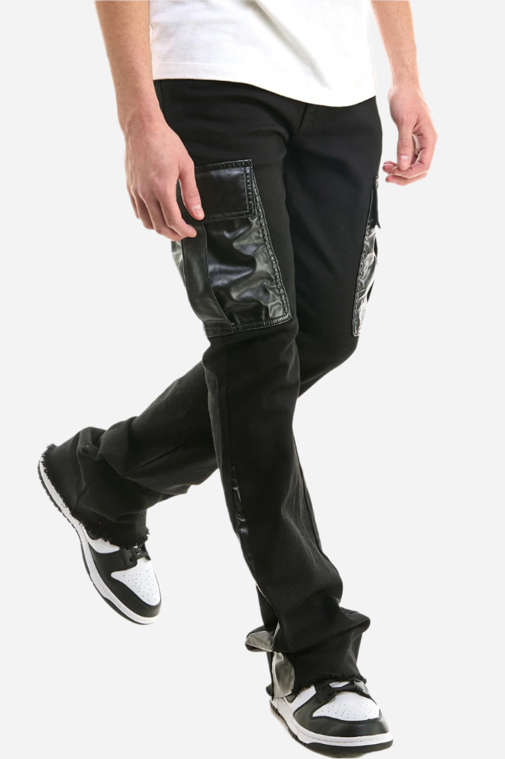 Black PU Combo Skinny Flare Cargo Pants - Stacked Flare Fit