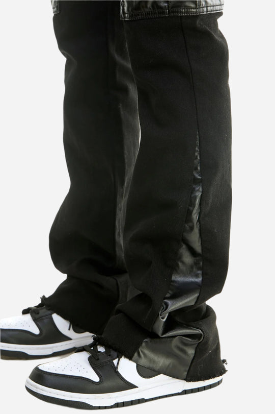 Black PU Combo Skinny Flare Cargo Pants - Stacked Flare Fit