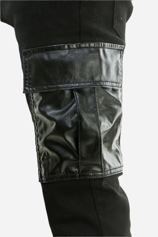 Black PU Combo Skinny Flare Cargo Pants - Stacked Flare Fit