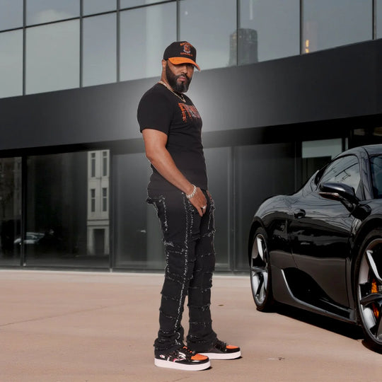 Statement Layered Distressed Jeans - Best Fitted Black Stack with Fringe Detail